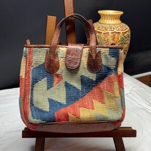 Bohemian Geometric Multicolor Tote with Brown Leather Trim